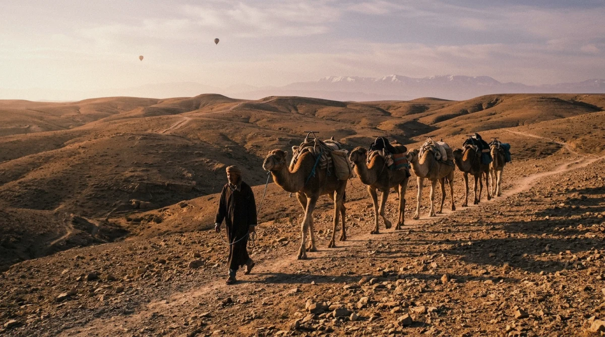 Camels crossing the Agafay hills with balloons behind, a common add-on to a hot air balloon Marrakech morning
