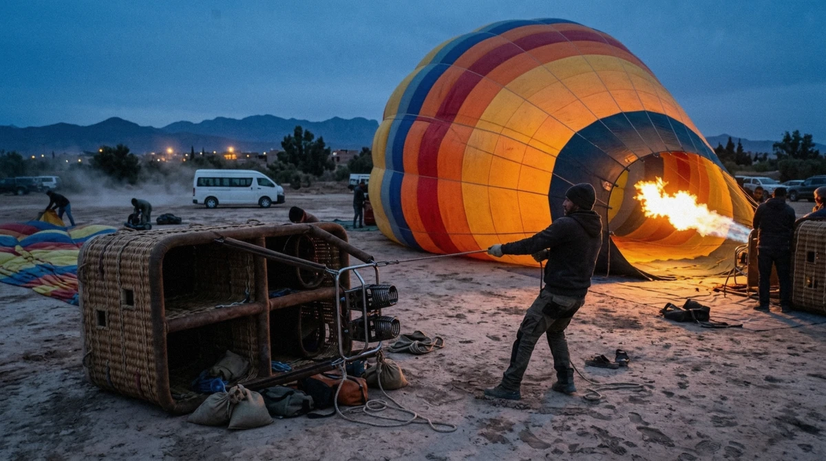 A balloon envelope inflating in the blue light before sunrise on a hot air balloon Marrakech morning