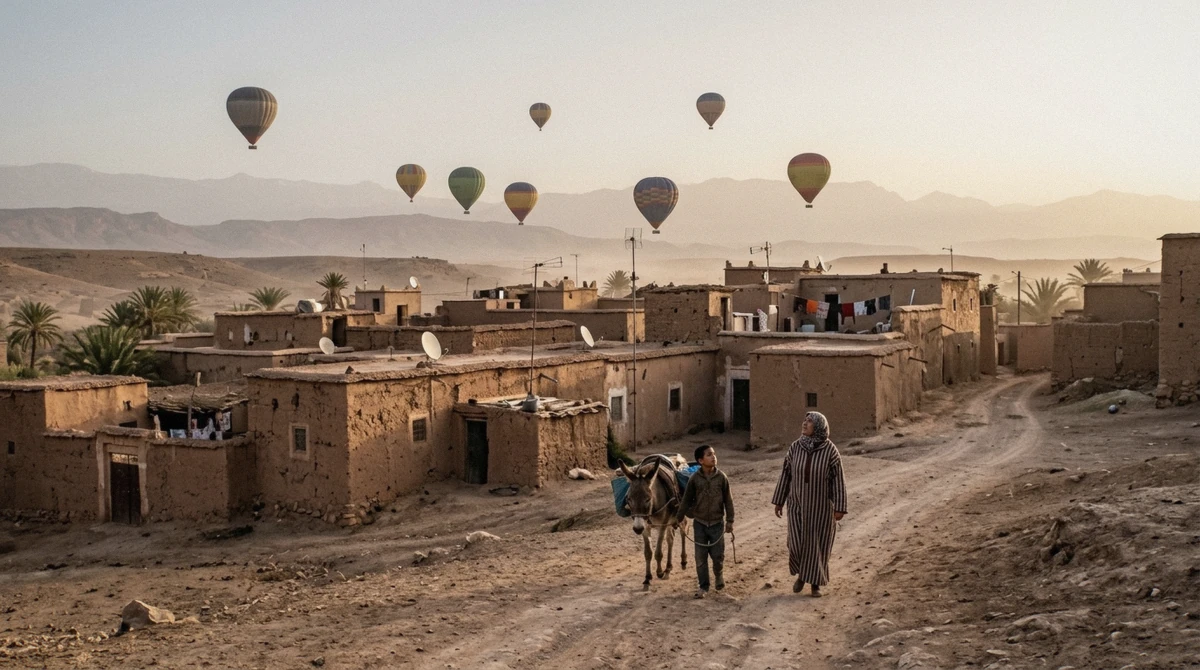 Balloons drifting low over an earth-walled village on a hot air balloon Marrakech morning