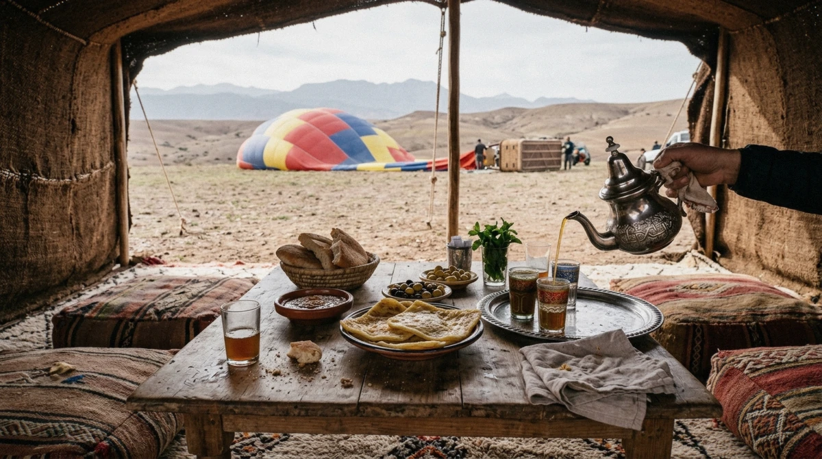 Msemen, bread, amlou and mint tea in a Berber tent, the breakfast included in every hot air balloon Marrakech listing
