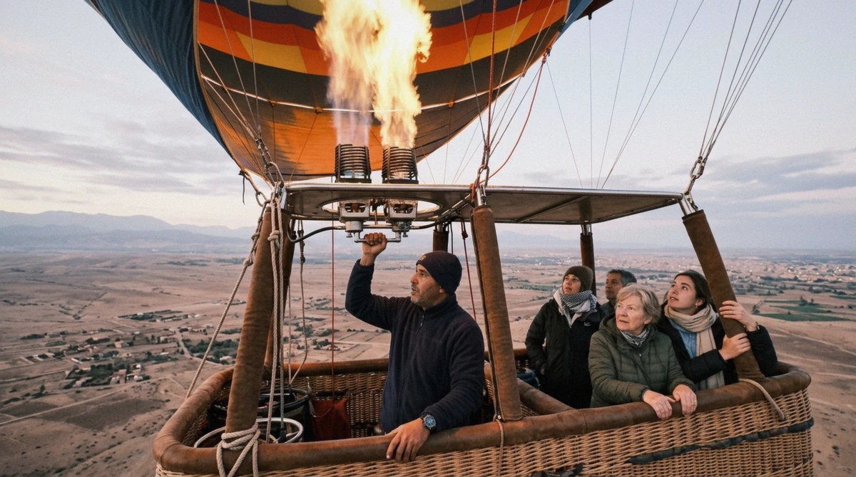 A pilot firing the burner inside a compartment basket on a hot air balloon Marrakech flight