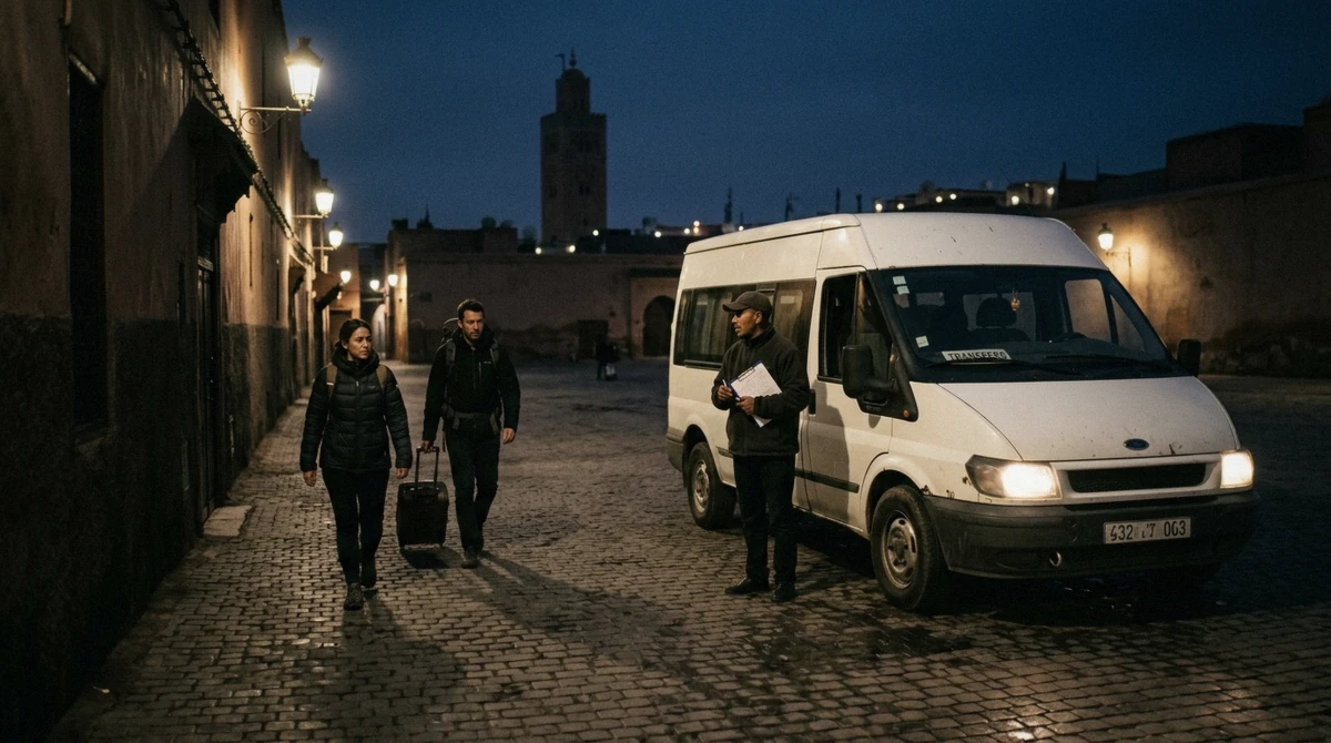 A minibus waiting before dawn at the edge of the Medina for a hot air balloon Marrakech pickup