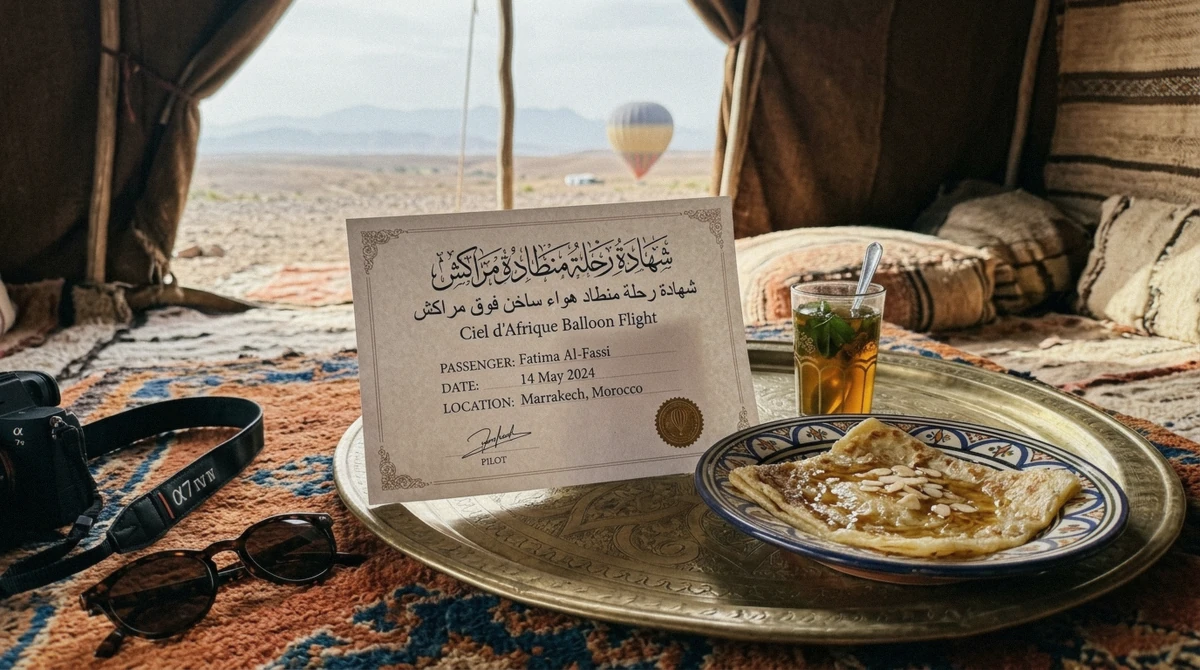 A calligraphy flight certificate beside mint tea after a hot air balloon Marrakech flight
