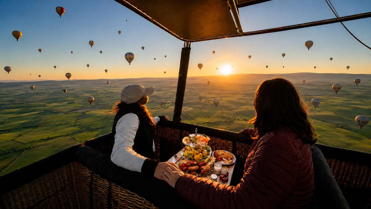 A hot air balloon crew preparing for takeoff over desert valleys on a hot air balloon ride in Marrakech, Morocco