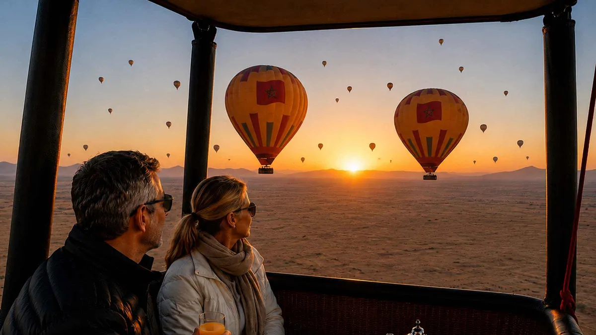 A hot air balloon basket drifting above Berber villages on a hot air balloon ride in Marrakech, Morocco
